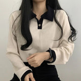 Getadme-Casual Women Sweatshirts Hoodies T-shirts Korean Fashion Preppy Tops Female Autumn Long Sleeve Polo Collar Basic Pullovers Tees