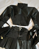 Two Piece Sets Womens Outifits Y2K Pu Leather Spliced Denim Black Skirt Sets New Harajuku Gothic Sexy Zipper Jacket Mini Skirt