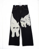 Getadme Japanese black high-waisted jeans oversized personality white cat print jeans for men and women Harajuku Y2K punk wide-leg pants