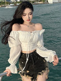 Women Slash Neck Top 2024 New Spring Korean Solid Bubble Sleeves French Unique Simple Casual Solid Blouse Lady Fashion Shirts