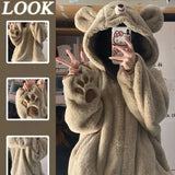 Getadme-Autumn Winter Sweet Bear Ear Hooded Pajama Sets Women Coral Fleece Warm Sleepwear Girls Cute Cartoon Embroidery Lolita Nightwear