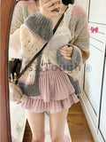 Winter Korean Sweet 3 Piece Set Women Warm Elegant Vintage Skirt Suit Colorful Knit Sweater + White Vest + Pink Mini Skirt 2024