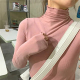 Getadme Spring Autumn Turtleneck T-shirt Women All-Match Top Shirt Soft Comfortable Inner Top Casual Long Sleeve T-shirt Office Wear