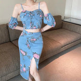 Korean Summer Denim Three-piece Women's New Slimpuff sleeve  + Small Sling + High Waist Half-length Bag Hip Skirt Suit