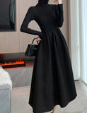 Getadme Women Winter Turtleneck Black Midi Dress Korean Elegant Long Sleeve A-line Slim Vestidos Autumn Office Lady Casual Robe Clothes