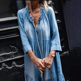 Loose 3/4 Sleeve Women Tassel Dress Vintage Lace V Neck Large Hem Maxi Denim Dress