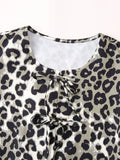 Women Sweet Bow Tied Lace Up Leopard Print Blouse Female Chic Pleats Puff Sleeve Casual Ruffles Shirt Blusas Tops LS303