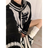 Deeptown Streetwear Y2k Zip Sweater Cardigan Women Retro Grey Striped Patchwork Oversize Letter Jumper Korean Style Knitted Top