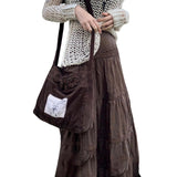 Retro Brown Long Skirts for Elegant Women's Casual Elastic Waist A-Line Skirt 2024 Autumn Fashion Loose Pleated Skirts S-L Size