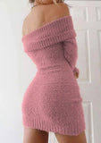 Sexy French Knitted Long Sleeve Pink Y2k Vintage Winter Clothes Slim Knitwear Vestido Off Shoulder Women Sweater Bodycon Dress