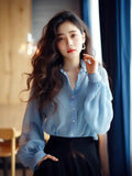 Women's Shirt and Blouse Button Up Loose Summer Female Tops Blue Chiffon Full Long Sleeve Elegant 2024 Y2k Fashion Clothes Blue