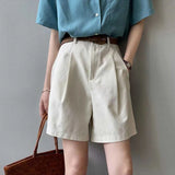 Getadme-Belt Pure Cotton Shorts Women High Waist Wide Leg A Line Suit Shorts Office Lady Solid Loose Casual All Match Short Pants