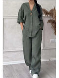 GETADME Spring Autumn Fashion Cotton And Linen Solid Two Piece Set Women Causal Loose V-neck Top Wide Leg Pants  2 Piece Sets Woman