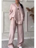 GETADME Spring Autumn Fashion Cotton And Linen Solid Two Piece Set Women Causal Loose V-neck Top Wide Leg Pants  2 Piece Sets Woman