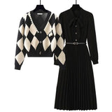 GETADME Spring Autumn Sweater Outfits Women's Vintage Plaid Elegant Casual  Knitted Cardigan Coat Black Slim Midi Dress Two Piece Set