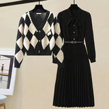 GETADME Spring Autumn Sweater Outfits Women's Vintage Plaid Elegant Casual  Knitted Cardigan Coat Black Slim Midi Dress Two Piece Set