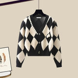 GETADME Spring Autumn Sweater Outfits Women's Vintage Plaid Elegant Casual  Knitted Cardigan Coat Black Slim Midi Dress Two Piece Set