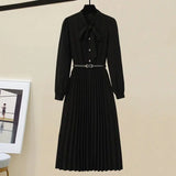 GETADME Spring Autumn Sweater Outfits Women's Vintage Plaid Elegant Casual  Knitted Cardigan Coat Black Slim Midi Dress Two Piece Set