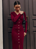 GETADME TARUXY Fall Winter Long Sleeve Knitted Dress Button Slit Female Sweater Cardigan Dresses Slim Solid Elegant Office Lady Clothes