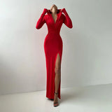 GETADME Talenza New V-neck Slit Long Dress Women's Sexy Long Sleeve Holiday Dress High Waist Elegant Slim Street Party Long Dress Y2k