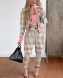 GETADME Three-piece Set For Women In Spring  Autumn Fashion Plaid Contrasting Vest Long-sleeved Cardigan Jacket Tights Suit