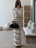 GETADME Tossy Ruffled Striped Knit Maxi Dress Female Elegant See-Through Patchwork Fashion Luxury Party Dress Knitwear Women Long Dress