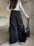 GETADME Trashy Y2K 2000S Streetwear Washed Black Baggy Jeans Cargo Pants For Women Clothes Multi Pockets Wide Leg Gothic Lady Trousers