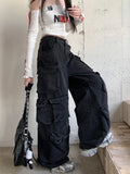 GETADME Trashy Y2K 2000S Streetwear Washed Black Baggy Jeans Cargo Pants For Women Clothes Multi Pockets Wide Leg Gothic Lady Trousers