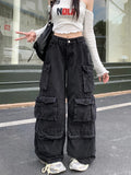 GETADME Trashy Y2K 2000S Streetwear Washed Black Baggy Jeans Cargo Pants For Women Clothes Multi Pockets Wide Leg Gothic Lady Trousers