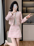 GETADME Tweed Jacket and Skirt Set for Women French Vintage Small Fragrance Two Piece Outfits Coat and Skirt High Quality