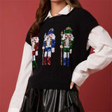 GETADME Ugly Christmas Vests for Women Sequin Nutcracker Santa Sweaters Shirt Holiday Sparkly Graphic Crewneck Pullover Top Black