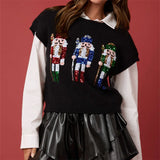 GETADME Ugly Christmas Vests for Women Sequin Nutcracker Santa Sweaters Shirt Holiday Sparkly Graphic Crewneck Pullover Top Black