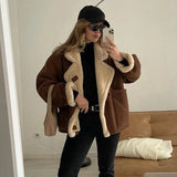 GETADME Vintage Faux Leather Warm Coat Thick Fluffy Splicing Big Lapel Coats Female Long Sleeve Outerwear Winter Lady Street Jackets