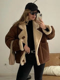 GETADME Vintage Faux Leather Warm Coat Thick Fluffy Splicing Big Lapel Coats Female Long Sleeve Outerwear Winter Lady Street Jackets