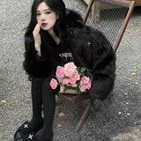 GETADME Winter Hooded Faux Mink Fur Jacket Song Snowman Hoodies Imitation Fox Fur Cross Embroidery Bomber Coat Fluffy Parkas Cardigan