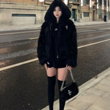 GETADME Winter Hooded Faux Mink Fur Jacket Song Snowman Hoodies Imitation Fox Fur Cross Embroidery Bomber Coat Fluffy Parkas Cardigan