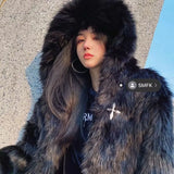 GETADME Winter Hooded Faux Mink Fur Jacket Song Snowman Hoodies Imitation Fox Fur Cross Embroidery Bomber Coat Fluffy Parkas Cardigan