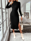 GETADME Women 2025 Fall And Winter Fashion Casual Long Sleeve Dress High Neck Side Slit Knitted Striped Texture Solid Color Long Dress