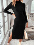 GETADME Women 2025 Fall And Winter Fashion Casual Long Sleeve Dress High Neck Side Slit Knitted Striped Texture Solid Color Long Dress