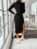 GETADME Women 2025 Fall And Winter Fashion Casual Long Sleeve Dress High Neck Side Slit Knitted Striped Texture Solid Color Long Dress