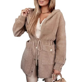 GETADME Women Autumn Winter Plush Button Zipper Long Sleeve Coat Jacket Pockets Hooded Solid Color Outwear