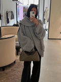 GETADME Women Fashion Grey Cropped Oversized Knitted Pullover Chic Scarf Collar Long Sleeve Loose Sweater 2024 Lady High Street Jumpers