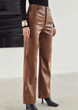 GETADME Women Leather Pants High Waist Straight Slimming Side Pockets Solid Color Casual Party Fall Trousers Spring Autumn Clothes