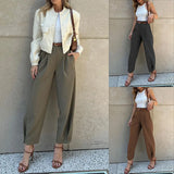 GETADME Women Pants Pockets Casual Nine-point Suit Pants Temperament High Waist Cargo Pants Zipper Fly Female Ankle Trousers Pantalones