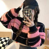 GETADME Women Striped Jumper Vintage Female Autumn Long Sleeve Casual Cropped Sweater