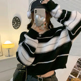 GETADME Women Striped Jumper Vintage Female Autumn Long Sleeve Casual Cropped Sweater