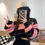 GETADME Women Striped Jumper Vintage Female Autumn Long Sleeve Casual Cropped Sweater