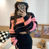 GETADME Women Striped Jumper Vintage Female Autumn Long Sleeve Casual Cropped Sweater