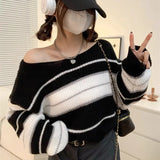 GETADME Women Striped Jumper Vintage Female Autumn Long Sleeve Casual Cropped Sweater