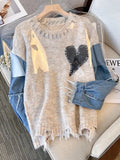 Getadme Women Sweater Patchwork Denim Long Sleeve O-Neck Loose Heart Chic Pullovers Simple Knitted Autumn Winter New Knit Jumpers